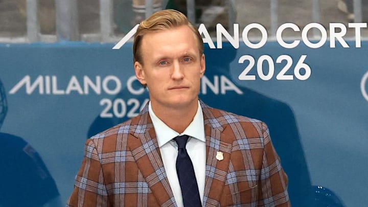 Feb 13, 2026; Milan, Italy; United States head coach John Wroblewski during the match against Italy in a women's ice hockey quarterfinal during the Milano Cortina 2026 Olympic Winter Games at Milano Rho Ice Hockey Arena. Feb 13, 2026; Milan, Italy; United States head coach John Wroblewski during the match against Italy in a women's ice hockey quarterfinal during the Milano Cortina 2026 Olympic Winter Games at Milano Rho Ice Hockey Arena.