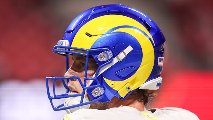 Dec 29, 2025; Atlanta, Georgia, USA; Los Angeles Rams quarterback Matthew Stafford (9) warms up before a game against the Atlanta Falcons at Mercedes-Benz Stadium. Mandatory Credit: Brett Davis-Imagn Images
