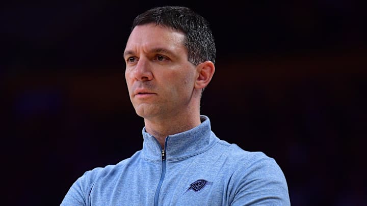 April 7, 2026; Los Angeles, California, USA; Oklahoma City Thunder head coach Mark Daigneault watches game action against the Los Angeles Lakers during the first half at Crypto.com Arena. Mandatory Credit: Gary A. Vasquez-Imagn Images