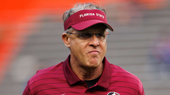 Florida State Seminoles offensive coordinator Gus Malzahn looks on before a game against the Florida Gators at Ben Hill Griffin Stadium in Gainesville, Fla.