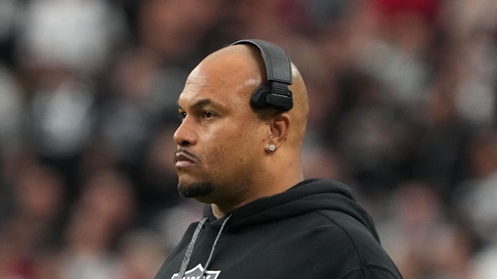 Oct 27, 2024; Paradise, Nevada, USA; Las Vegas Raiders coach Antonio Pierce reacts against the Kansas City Chiefs in the first half at Allegiant Stadium. Mandatory Credit: Kirby Lee-Imagn Images