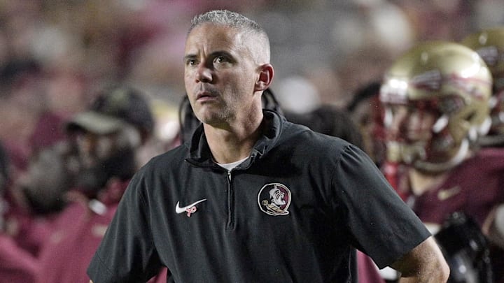Oct 5, 2024; Tallahassee, Florida, USA; Florida State Seminoles head coach Mike Norvell during the second half against the Clemson Tigers at Doak S. Campbell Stadium. Mandatory Credit: Melina Myers-Imagn Images