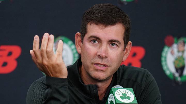 Sep 29, 2025; Boston, MA, USA; Boston Celtics president of basketball operations Brad Stevens talks to reporters during media day at the Auerbach Center. Mandatory Credit: David Butler II-Imagn Images