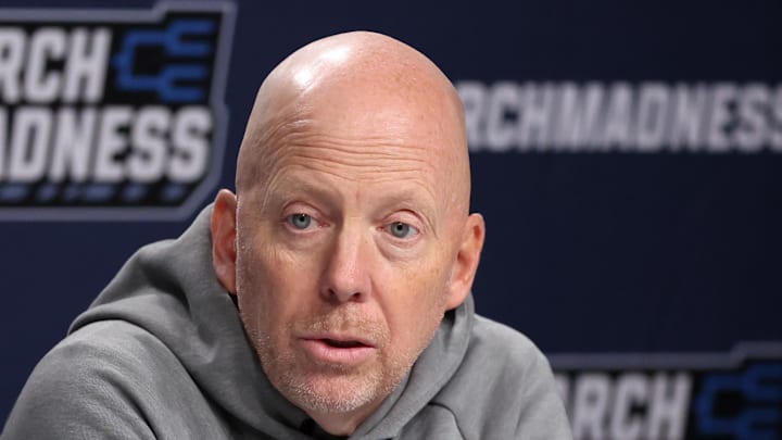Mar 19, 2026; Philadelphia, PA, USA; UCLA Bruins head coach Mick Cronin speaks with the media before a practice session ahead of the first round of the men's 2026 NCAA Tournament at Xfinity Mobile Arena. Mandatory Credit: Bill Streicher-Imagn Images