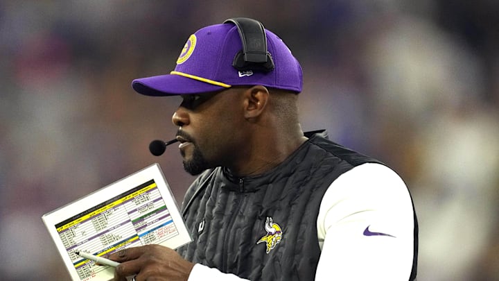 Minnesota Vikings defensive coordinator Brian Flores watches from the sidelines against the Los Angeles Rams at SoFi Stadium.