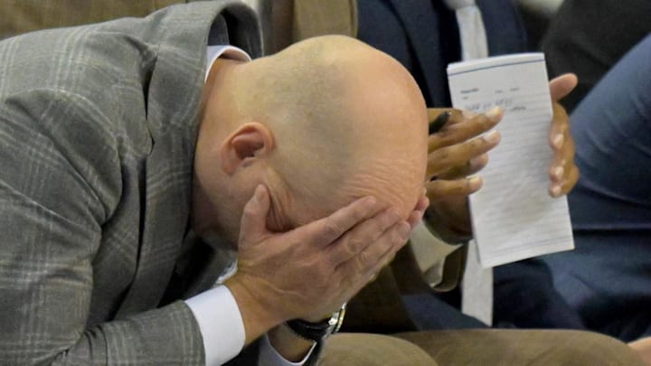 Dec 23, 2025; Los Angeles, California, USA; UCLA Bruins head coach Mick Cronin reacts on the sidelines in the first half against the UC Riverside Highlanders at Pauley Pavilion presented by Wescom Financial. Mandatory Credit: Jayne Kamin-Oncea-Imagn Images