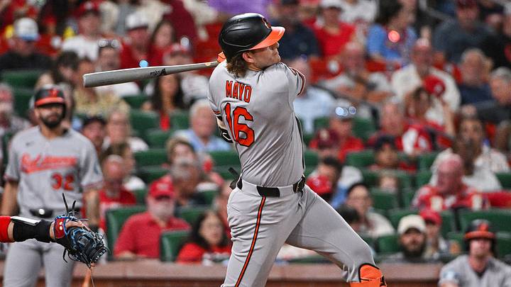 Aug 25, 2026; St. Louis, Missouri, USA; Baltimore Orioles designated hitter Coby Mayo (16) hits a one run single against the St. Louis Cardinals during the fifth inning at Busch Stadium. Mandatory Credit: Jeff Curry-Imagn Images