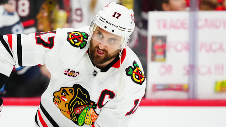 Feb 28, 2026; Denver, Colorado, USA; Chicago Blackhawks left wing Nick Foligno (17) warms up before the game against the Colorado Avalanche at Ball Arena. Mandatory Credit: Ron Chenoy-Imagn Images