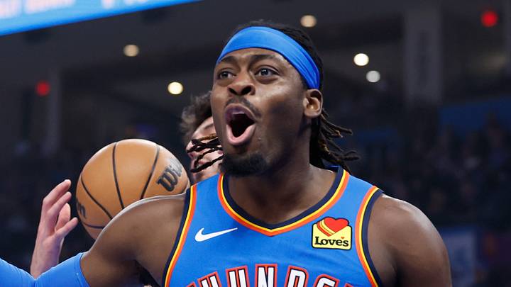 Dec 26, 2023; Oklahoma City, Oklahoma, USA; Oklahoma City Thunder guard Luguentz Dort (5) reacts after a play against the Minnesota Timberwolves during the first quarter at Paycom Center. Mandatory Credit: Alonzo Adams-USA TODAY Sports Dec 26, 2023; Oklahoma City, Oklahoma, USA; Oklahoma City Thunder guard Luguentz Dort (5) reacts after a play against the Minnesota Timberwolves during the first quarter at Paycom Center. Mandatory Credit: Alonzo Adams-USA TODAY Sports