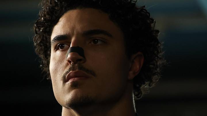 Nov 28, 2025; Philadelphia, Pennsylvania, USA; Philadelphia Eagles linebacker Jaelan Phillips (50) walks through the tunnel prior to the game against the Chicago Bears at Lincoln Financial Field. Mandatory Credit: Bill Streicher-Imagn Images
