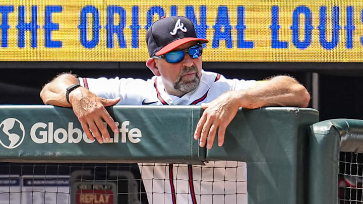 Apr 1, 2026; Cumberland, Georgia, USA; Atlanta Braves manager Walt Weiss (22) shown in the dugout during the game against the Athletics during the seventh  inning at Truist Park. Mandatory Credit: Dale Zanine-Imagn Images