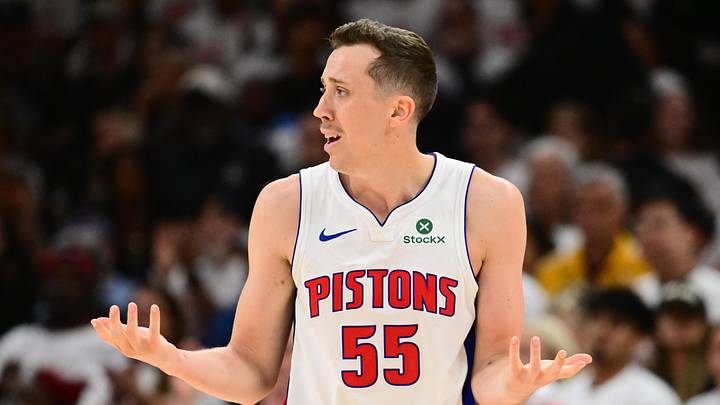 Detroit Pistons forward Duncan Robinson (55) reacts after a play against the Cleveland Cavaliers 