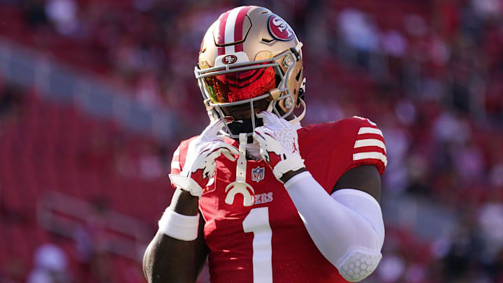 Sep 9, 2024; Santa Clara, California, USA;  San Francisco 49ers wide receiver Deebo Samuel (1) warms up before a game against the New York Jets at Levi's Stadium. Mandatory Credit: David Gonzales-Imagn Images