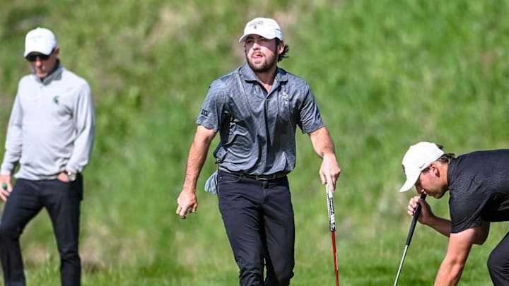 Michigan State's Ashton McCulloch leaves the green after making a putt on hole No.10 during the NCAA golf regional on Monday, May 15, 2023, at Eagle Eye Golf Club in Bath Township. Michigan State's Ashton McCulloch leaves the green after making a putt on hole No.10 during the NCAA golf regional on Monday, May 15, 2023, at Eagle Eye Golf Club in Bath Township.