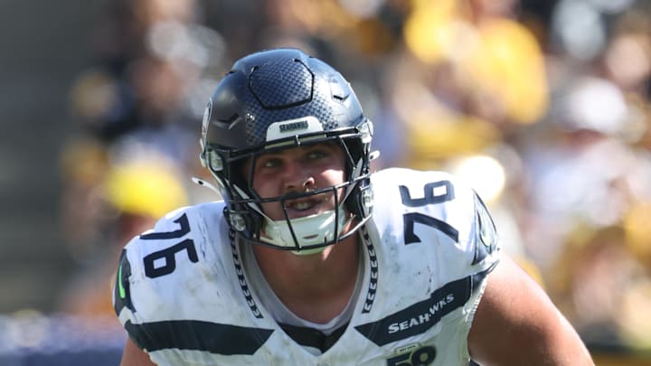 Seattle Seahawks guard Grey Zabel at the line of scrimmage Seattle Seahawks guard Grey Zabel at the line of scrimmage