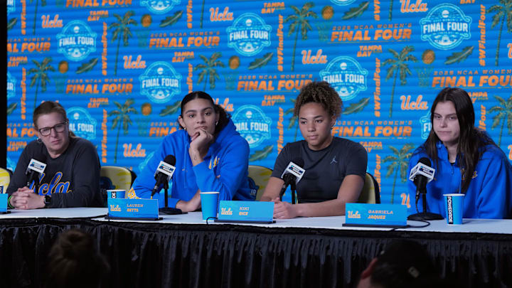 Apr 3, 2025; Tampa, FL, USA; From left: UCLA Bruins head coach Cori Close, center Lauren Betts, guard Kiki Rice and guard Gabriela Jaquez during press conference at Amalie Arena. Mandatory Credit: Kirby Lee-Imagn Images