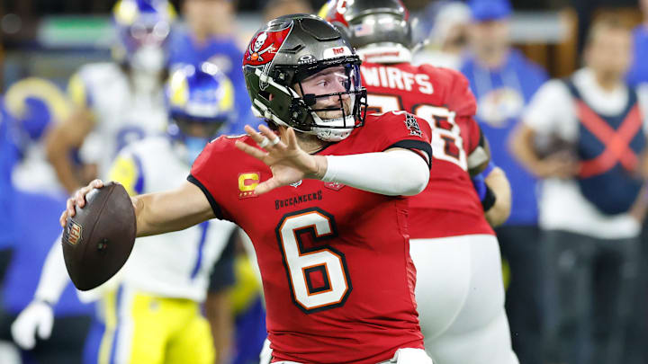 Tampa Bay Buccaneers QB Baker Mayfield left Sunday's disaster with an apparent shoulder injury. \