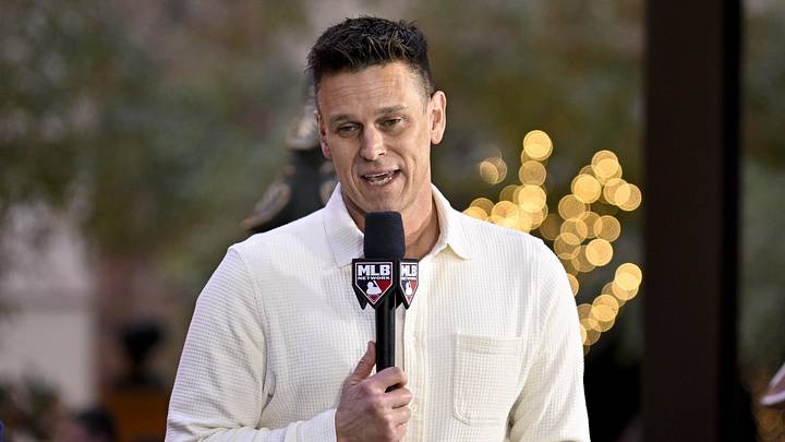 Dec 9, 2024; Dallas, TX, USA; Miami Marlins president of baseball operations Jerry Dipoto speaks with the MLB Network at the Hilton Anatole during the 2024 MLB Winter Meetings. Mandatory Credit: Jerome Miron-Imagn Images
