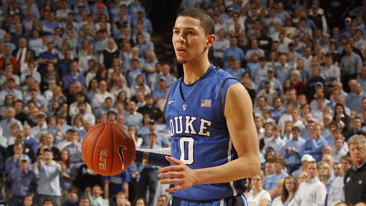 Feb, 8, 2012; Chapel Hill, NC, USA; Duke Blue Devils guard Austin Rivers (0) with the ball in the first half at the Dean E. Smith Center. Mandatory Credit: Bob Donnan-Imagn Images
