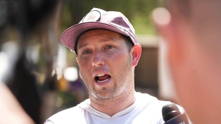 ASU head coach Kenny Dillingham speaks to the media after the team held their first day of practice at Camp Tontozona on Aug. 6, 2025.