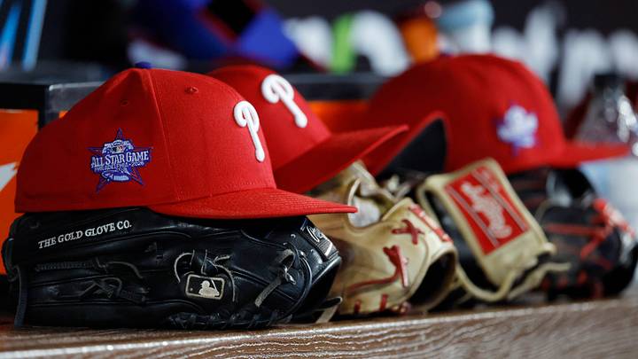May 2, 2026; Miami, Florida, USA; Philadelphia Phillies starting hats and gloves sit on the bench against the Miami Marlins during the fifth inning at loanDepot Park. Mandatory Credit: Rhona Wise-Imagn Images May 2, 2026; Miami, Florida, USA; Philadelphia Phillies starting hats and gloves sit on the bench against the Miami Marlins during the fifth inning at loanDepot Park. Mandatory Credit: Rhona Wise-Imagn Images