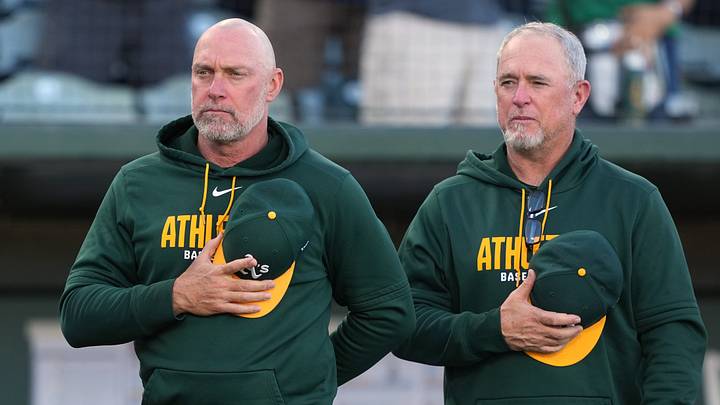 Jun 20, 2026; West Sacramento, California, USA; Athletics manager Mark Kotsay (left) and bench coach and director of hitting Darren Bush (right) before the game against the Los Angeles Angels at Sutter Health Park. Mandatory Credit: Darren Yamashita-Imagn Images Jun 20, 2026; West Sacramento, California, USA; Athletics manager Mark Kotsay (left) and bench coach and director of hitting Darren Bush (right) before the game against the Los Angeles Angels at Sutter Health Park. Mandatory Credit: Darren Yamashita-Imagn Images