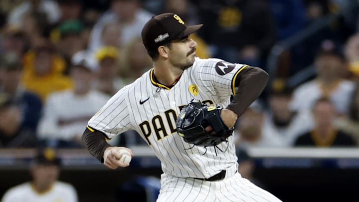 Oct 9, 2024; San Diego, California, USA; San Diego Padres pitcher Dylan Cease (84) throws in the second inning against the Los Angeles Dodgers during game four of the NLDS for the 2024 MLB Playoffs at Petco Park.