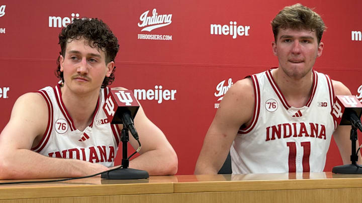 Indiana senior guard Conor Enright and freshman forward Trent Sisley speak with reporters Jan. 4, 2026, after beating Washington at Simon Skjodt Assembly Hall in Bloomington.