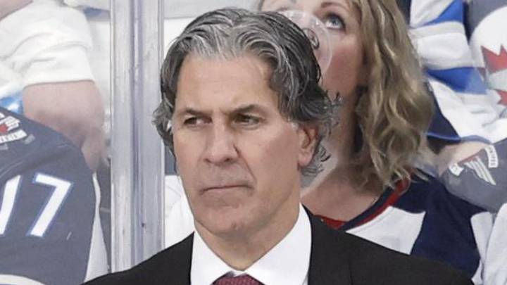 Apr 30, 2024; Winnipeg, Manitoba, CAN; Colorado Avalanche head coach Jared Bednar looks on in the third period against the Winnipeg Jets in game five of the first round of the 2024 Stanley Cup Playoffs at Canada Life Centre. Mandatory Credit: James Carey Lauder-Imagn Images