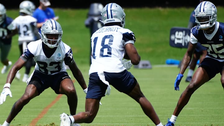 Jun 5, 2024; Frisco, TX, USA;  Dallas Cowboys wide receiver Ryan Flournoy (18) goes through a drill during practice at the Ford Center at the Star Training Facility in Frisco, Texas. Mandatory Credit: Chris Jones-USA TODAY Sports