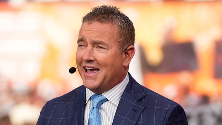 Kirk Herbstreit speaks on the set of ESPN College GameDay prior to the NCAA football game between the Ohio State Buckeyes and the Texas Longhorns at Ohio Stadium on Aug. 30, 2025.