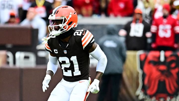Nov 30, 2025; Cleveland, Ohio, USA;  Cleveland Browns cornerback Denzel Ward (21) looks on during the game against San Francisco 49ers at Huntington Bank Field. Mandatory Credit: Ken Blaze-Imagn Images