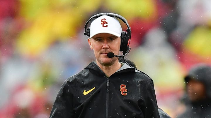 Nov 15, 2025; Los Angeles, California, USA; Southern California Trojans head coach Lincoln Riley watches game action against the Iowa Hawkeyes during the first half at the Los Angeles Memorial Coliseum. Mandatory Credit: Gary A. Vasquez-Imagn Images Nov 15, 2025; Los Angeles, California, USA; Southern California Trojans head coach Lincoln Riley watches game action against the Iowa Hawkeyes during the first half at the Los Angeles Memorial Coliseum. Mandatory Credit: Gary A. Vasquez-Imagn Images
