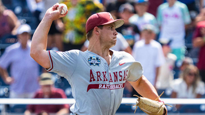 Arkansas Razorbacks starting pitcher Gage Wood (14) pitches against the Murray State Racers during the ninth inning at Charles Schwab Field.