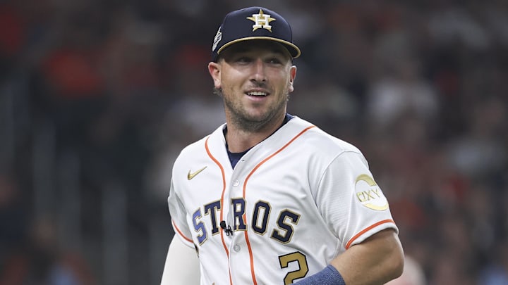 Mar 30, 2023; Houston, Texas, USA; Houston Astros third baseman Alex Bregman (2) smiles after a play during the third inning against the Chicago White Sox at Minute Maid Park