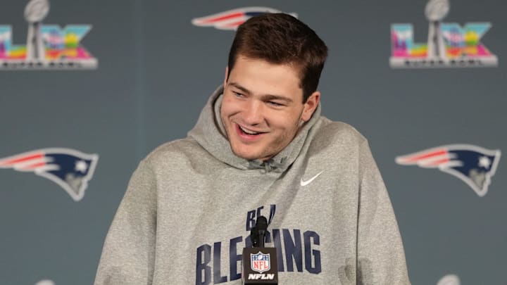 Feb 5, 2026; Santa Clara, CA, USA; New England Patriots quarterback Drake Maye (10) talks to media members at the Santa Clara Marriott. Mandatory Credit: Darren Yamashita-Imagn Images