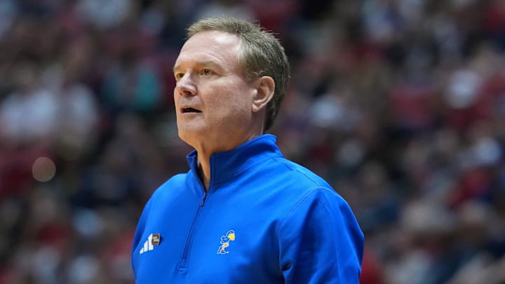 Mar 22, 2026; San Diego, CA, USA; Kansas Jayhawks head coach Bill Self looks on in the first half against the St. John's Red Storm during a second round game of the men's 2026 NCAA Tournament at Viejas Arena. Mandatory Credit: Kirby Lee-Imagn Images