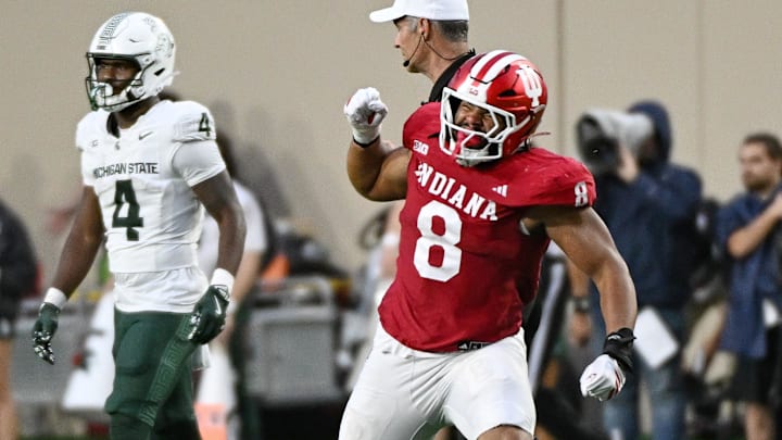 Indiana defensive lineman Stephen Daley celebrates after a play Oct. 18, 2025, versus Michigan State at Memorial Stadium.