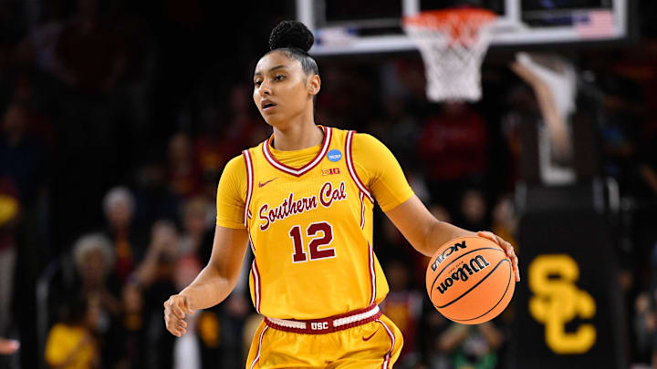 Mar 24, 2025; Los Angeles, California, USA; USC Trojans guard JuJu Watkins (12) during an NCAA Tournament second round game against the Mississippi State Bulldogs at Galen Center. Mandatory Credit: Robert Hanashiro-Imagn Images