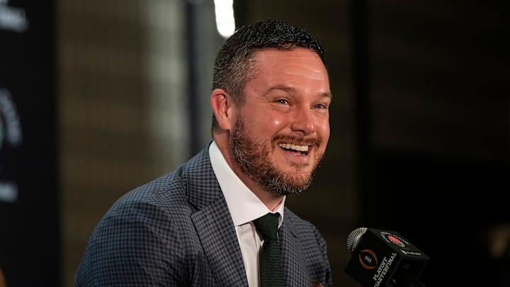 Oregon Ducks head coach Dan Lanning answers questions during a Rose Bowl press conference in Los Angeles on Dec. 31, 2024. Oregon Ducks head coach Dan Lanning answers questions during a Rose Bowl press conference in Los Angeles on Dec. 31, 2024.