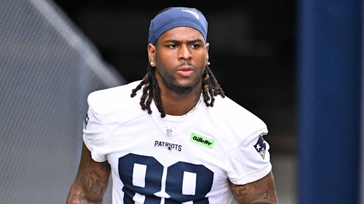 Jun 9, 2025; Foxborough, MA, USA; New England Patriots tight end Jaheim Bell (88) walks to the practice fields at Gillette Stadium. Mandatory Credit: Eric Canha-Imagn Images