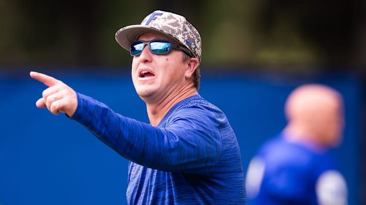 Co-Offensive Coordinator / Tight Ends Coach Russ Callaway, coaches during Fall practice at Sanders Practice Fields in Gainesville, FL on Tuesday, August 13, 2024. [Doug Engle/Gainesville Sun]