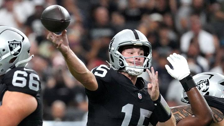 Aug 13, 2026; Paradise, Nevada, USA; Las Vegas Raiders quarterback Fernando Mendoza (15) throws the ball against the Arizona Cardinals  in the first half at Allegiant Stadium. Mandatory Credit: Kirby Lee-Imagn Images     TPX IMAGES OF THE DAY