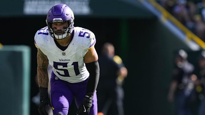 Sep 29, 2024; Green Bay, Wisconsin, USA; Minnesota Vikings linebacker Blake Cashman (51) during the game against the Minnesota Vikings at Lambeau Field. Sep 29, 2024; Green Bay, Wisconsin, USA; Minnesota Vikings linebacker Blake Cashman (51) during the game against the Minnesota Vikings at Lambeau Field.