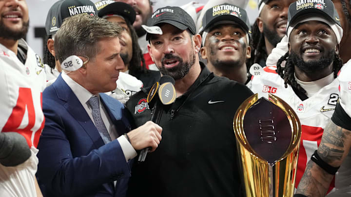 Jan 20, 2025; Atlanta, GA, USA; Ohio State Buckeyes head coach Ryan Day is interviewed after defeating the Notre Dame Fighting Irish in the CFP National Championship college football game at Mercedes-Benz Stadium. Mandatory Credit: Kirby Lee-Imagn Images Jan 20, 2025; Atlanta, GA, USA; Ohio State Buckeyes head coach Ryan Day is interviewed after defeating the Notre Dame Fighting Irish in the CFP National Championship college football game at Mercedes-Benz Stadium. Mandatory Credit: Kirby Lee-Imagn Images