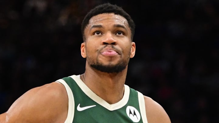 Feb 27, 2025; Milwaukee, Wisconsin, USA;  Milwaukee Bucks forward Giannis Antetokounmpo (34) looks on in the third quarter against the Denver Nuggets at Fiserv Forum. Mandatory Credit: Benny Sieu-Imagn Images