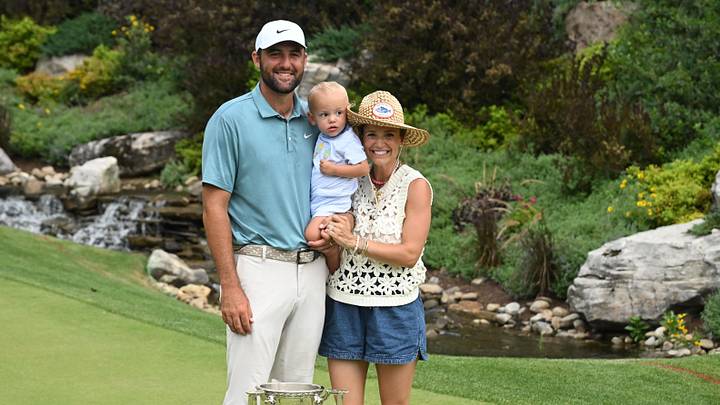 Aug 17, 2025; Owings Mills, Maryland, USA; Scottie Scheffler, his wife Meredith and son Bennett pose with the J. K. Wadley Trophy and The Keeper after winning the BMW Championship golf tournament. Mandatory Credit: Rafael Suanes-Imagn Images Aug 17, 2025; Owings Mills, Maryland, USA; Scottie Scheffler, his wife Meredith and son Bennett pose with the J. K. Wadley Trophy and The Keeper after winning the BMW Championship golf tournament. Mandatory Credit: Rafael Suanes-Imagn Images