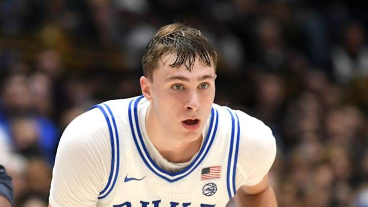 Nov 4, 2024; Durham, North Carolina, USA; Duke Blue Devils guard Cooper Flagg (2) looks for an opening to pass during the second half against the Maine Black Bears at Cameron Indoor Stadium. Mandatory Credit: Zachary Taft-Imagn Images