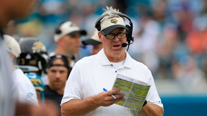 Jacksonville Jaguars head coach Doug Pederson looks on during the fourth quarter of an NFL football matchup Sunday, Oct. 6, 2024 at EverBank Stadium in Jacksonville, Fla. The Jaguars edged the Colts on a field goal 37-34. [Corey Perrine/Florida Times-Union]
