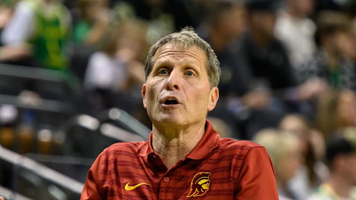 Mar 1, 2025; Eugene, Oregon, USA; USC Trojans head coach Eric Musselman reacts to the action in the second half against the Oregon Ducks at Matthew Knight Arena. Mandatory Credit: Craig Strobeck-Imagn Images Mar 1, 2025; Eugene, Oregon, USA; USC Trojans head coach Eric Musselman reacts to the action in the second half against the Oregon Ducks at Matthew Knight Arena. Mandatory Credit: Craig Strobeck-Imagn Images